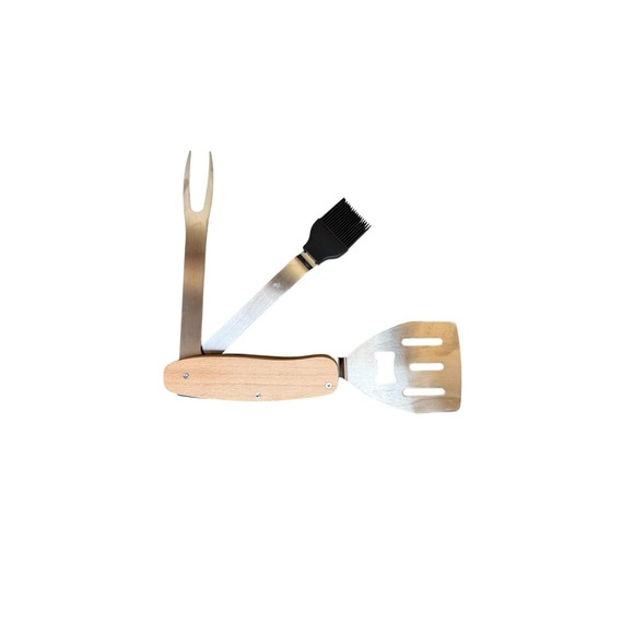 BBQ Multi-Tool Spatula Fork Basting Brush Bottle Opener Corkscrew Wood Handle - Picture 1 of 7